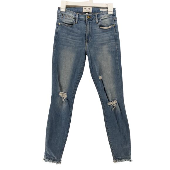 Frame Le High Skinny Jeans 27‎ Blue Distressed Denim Raw Hem Stretchy Mid Rise - Picture 1 of 14